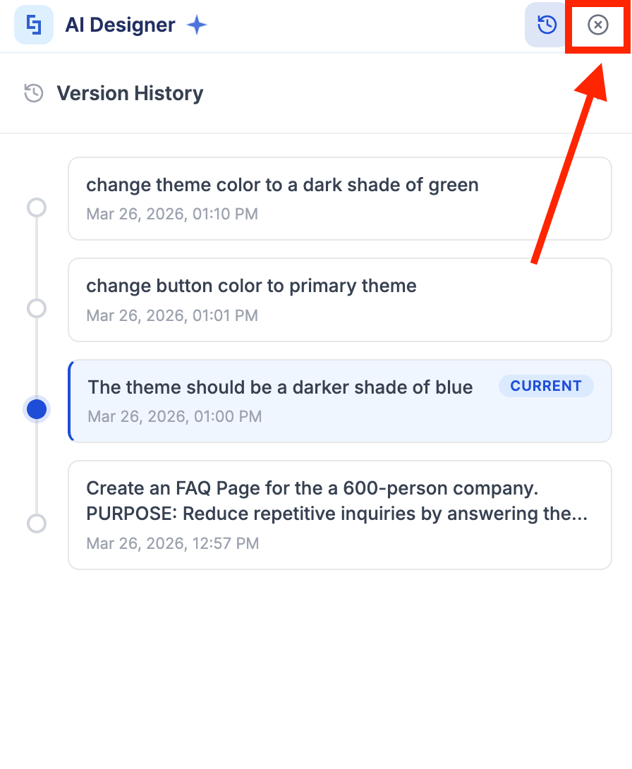 Closing the AI Designer panel after successfully choosing to revert prompt versions