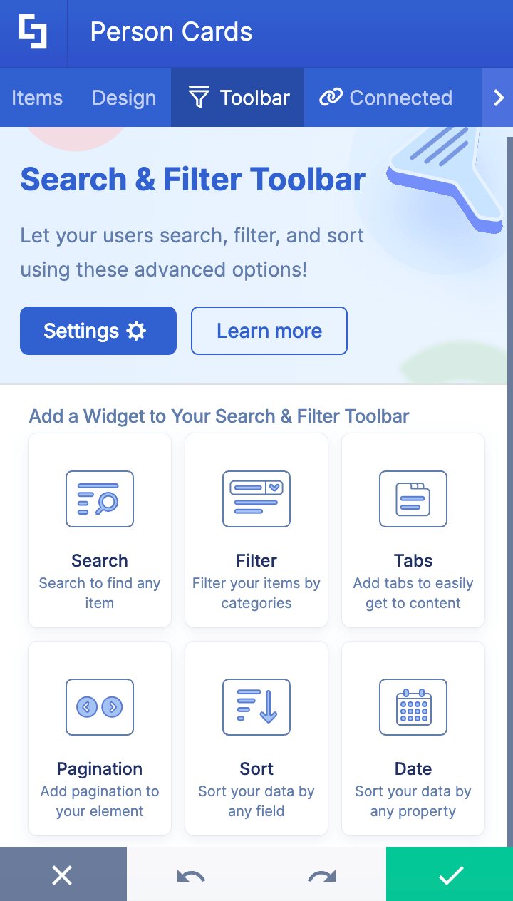 Overview of the search filter widgets panel available in ShortPoint AI Designer