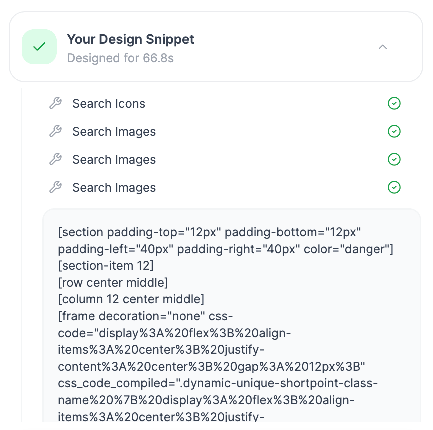 Sample layout code generated as a design snippet inside the AI Designer interface