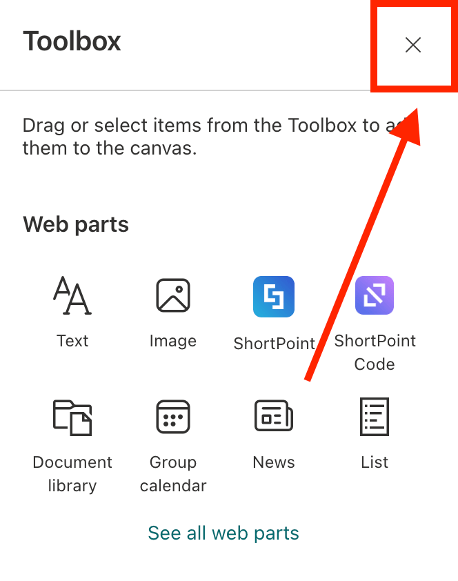 Closing the Toolbox interface on the destination SharePoint page