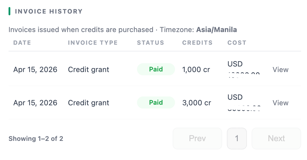 Invoice history table listing past credit purchase dates, statuses, and processing costs
