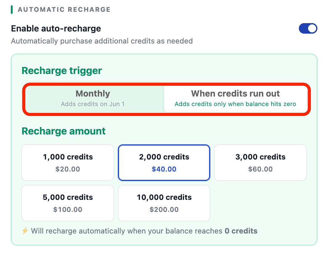 Selecting the preferred schedule trigger rule for automatically replenishing depleted AI credits balances