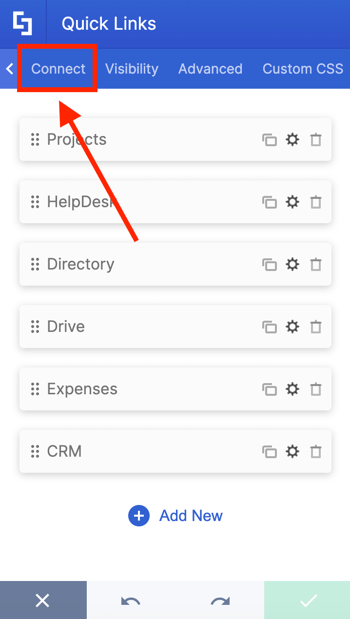 Navigating to the Connect tab inside the ShortPoint configuration panel