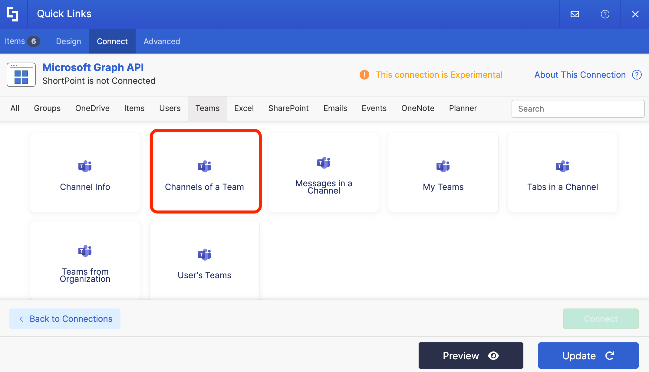 Choosing the Channels of a Team use case within Microsoft Graph API connections