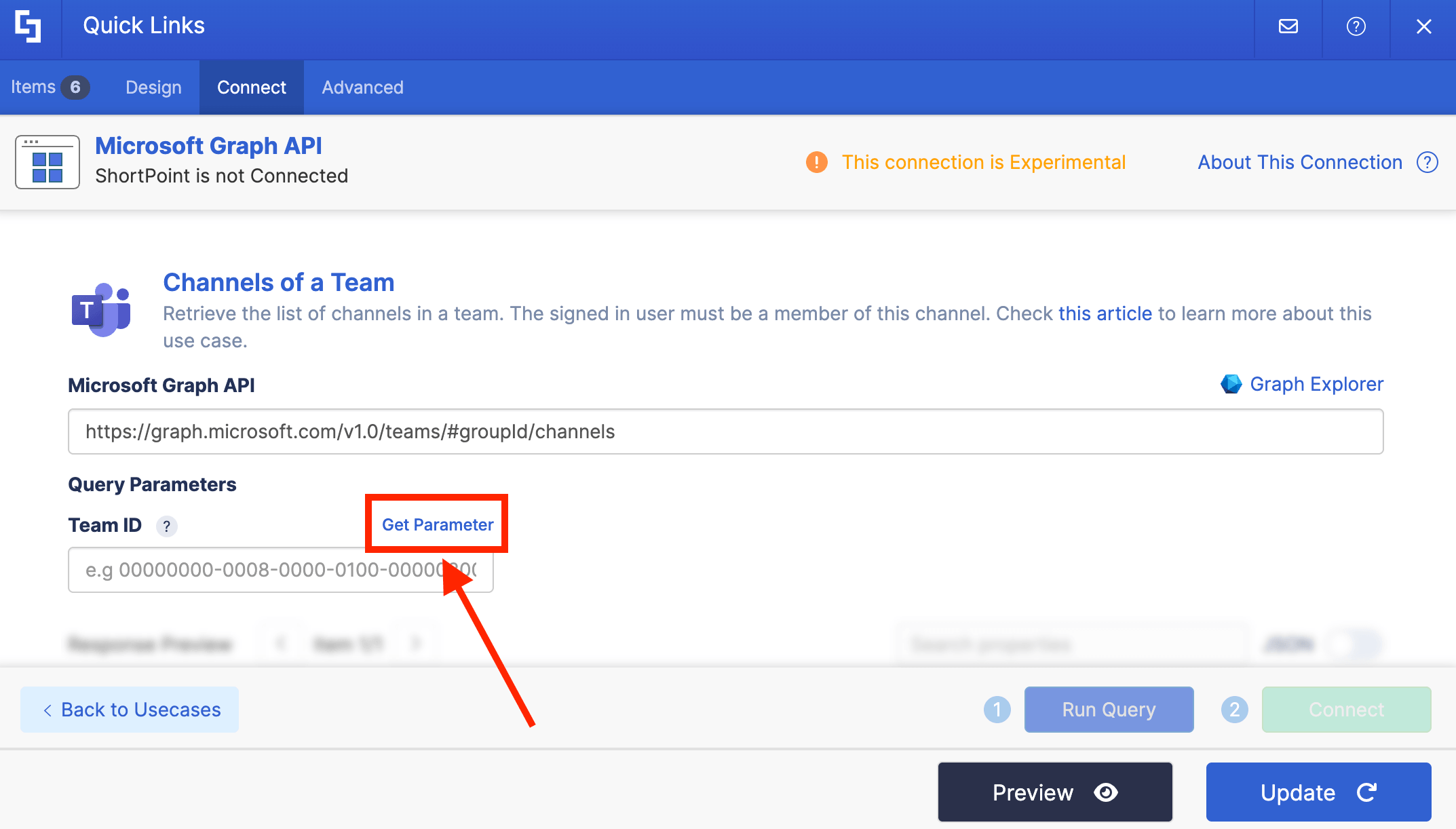Clicking the Get Parameter link next to the Team ID input field