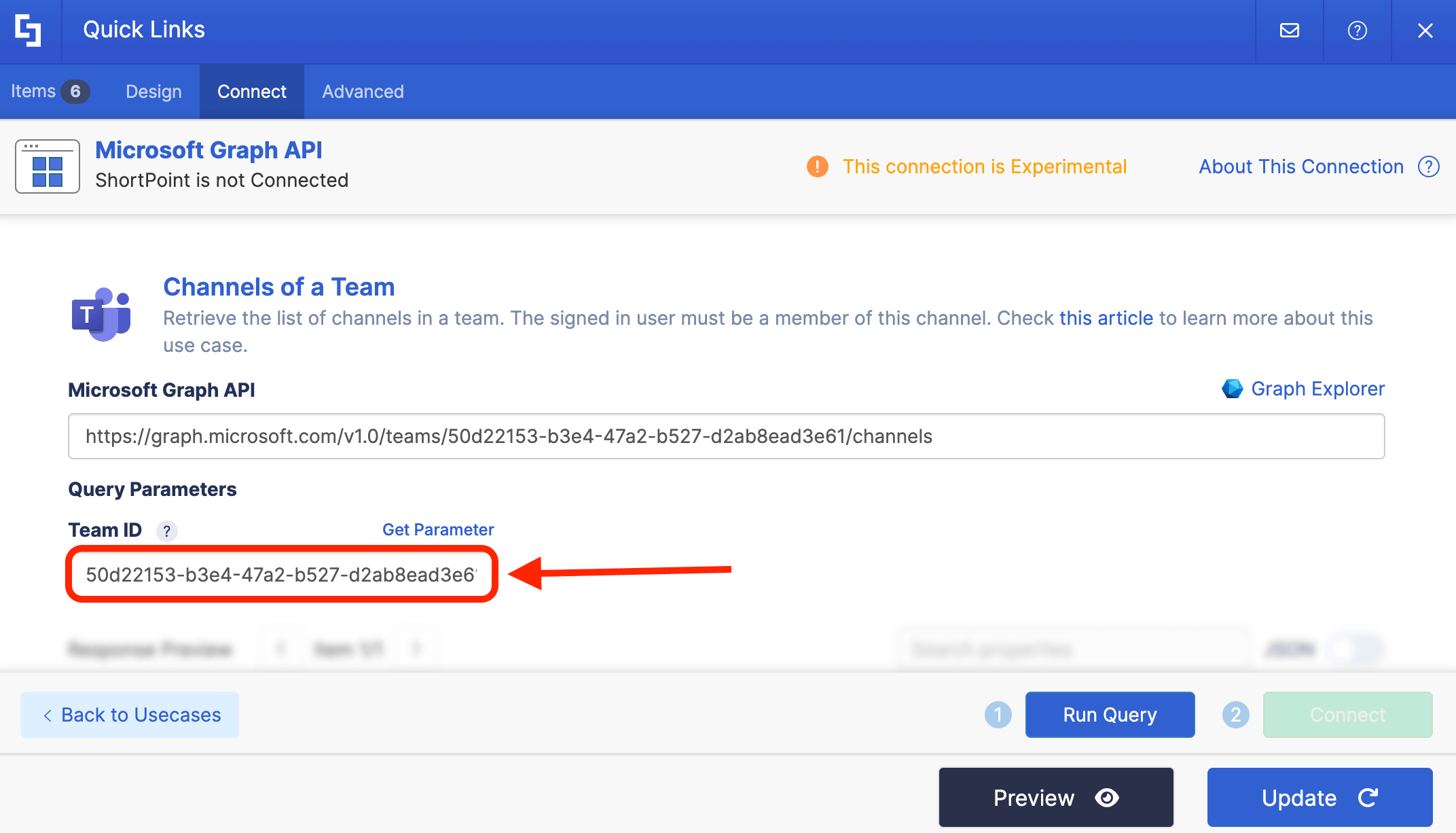 Pasting the copied alphanumeric string into the Team ID query parameter field