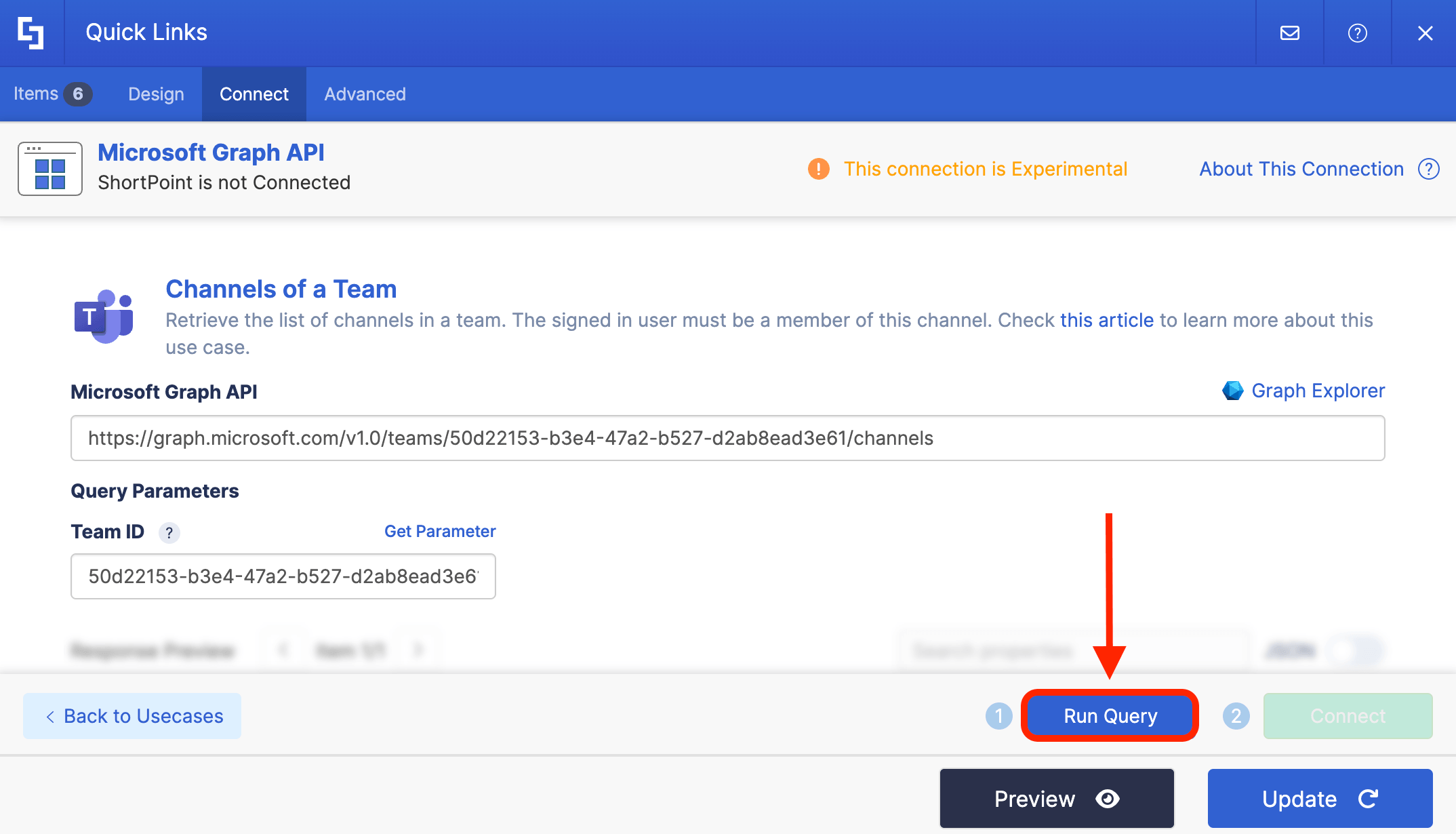 Clicking the Run Query button to pull the Microsoft Teams data payload