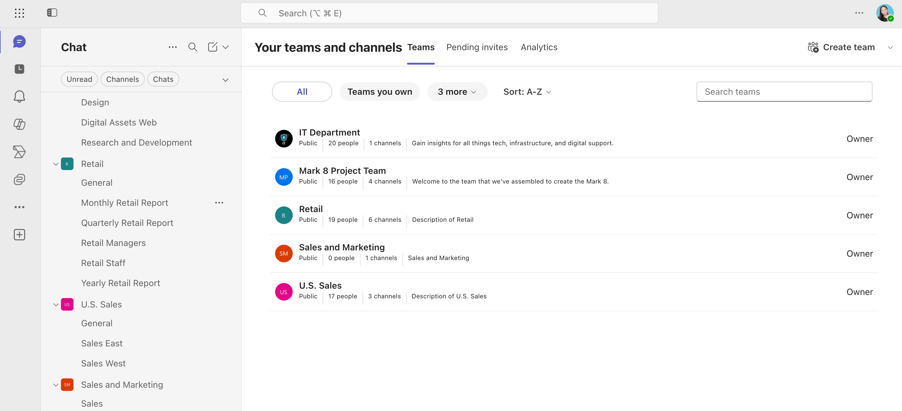Opening the main teams and channels dashboard overview inside Microsoft Teams