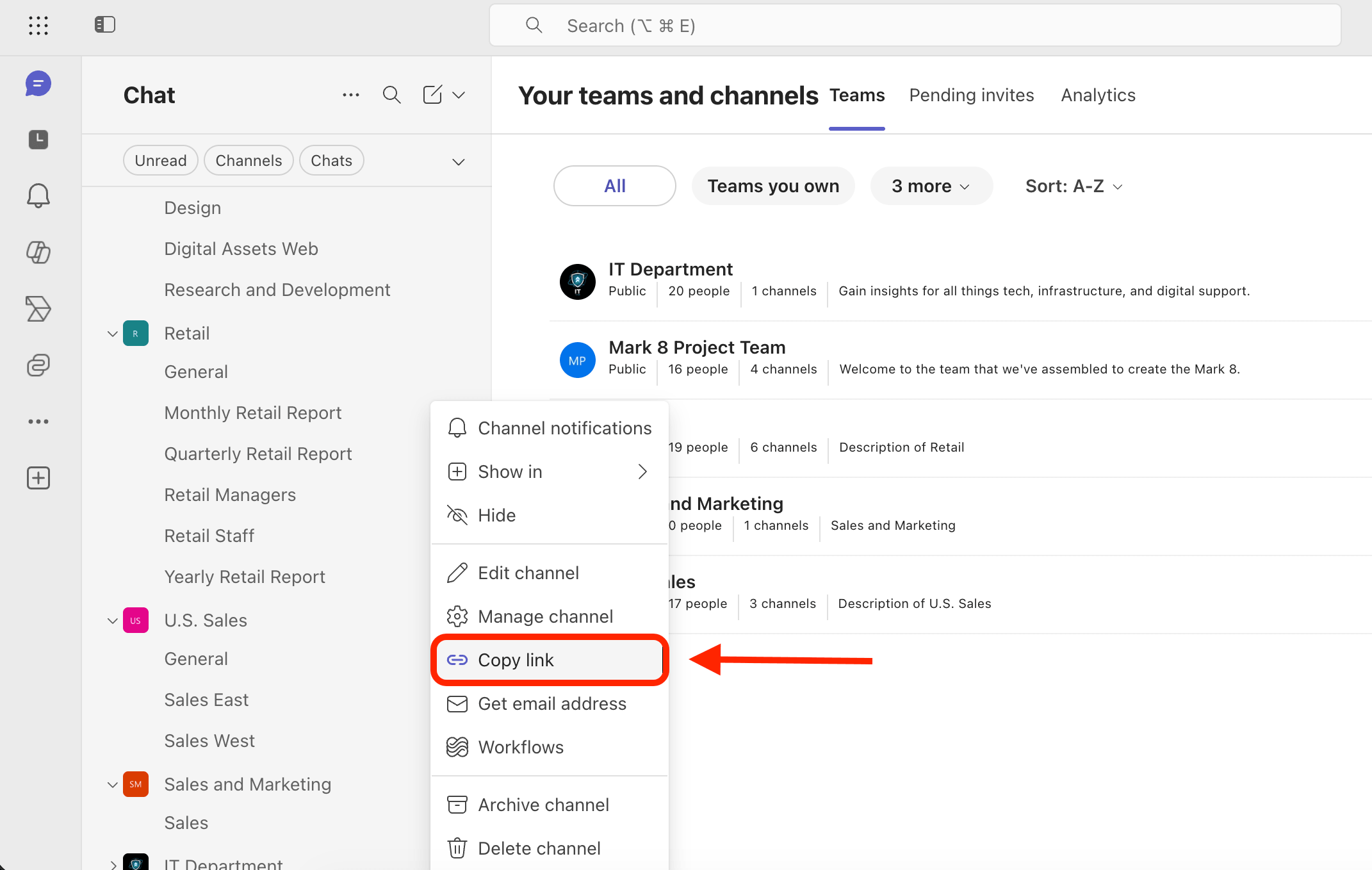 Selecting the Copy Link option from the channel context dropdown menu