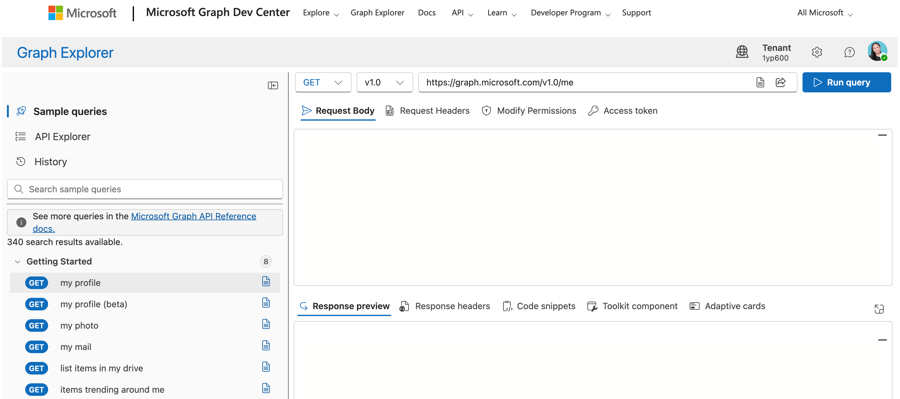 Accessing the Microsoft Graph Explorer home developer dashboard to prepare queries