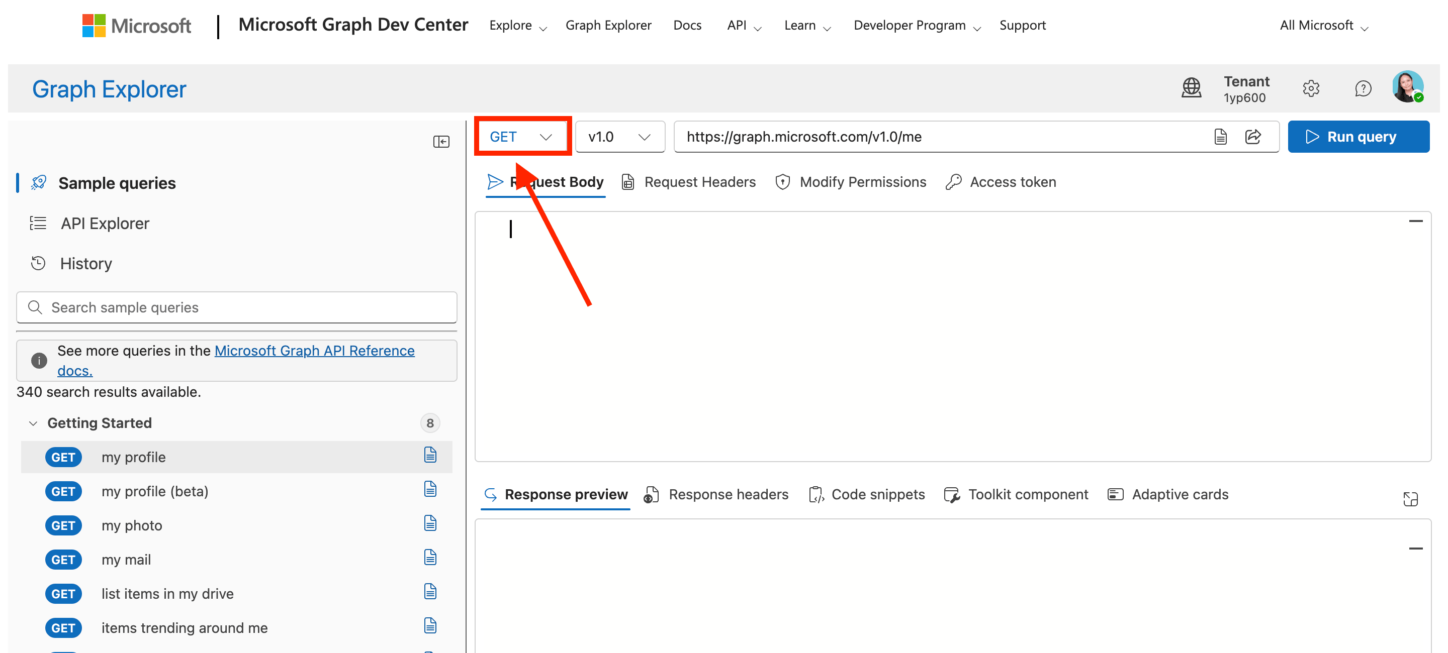 Verifying the HTTP request method dropdown is set to GET in Graph Explorer