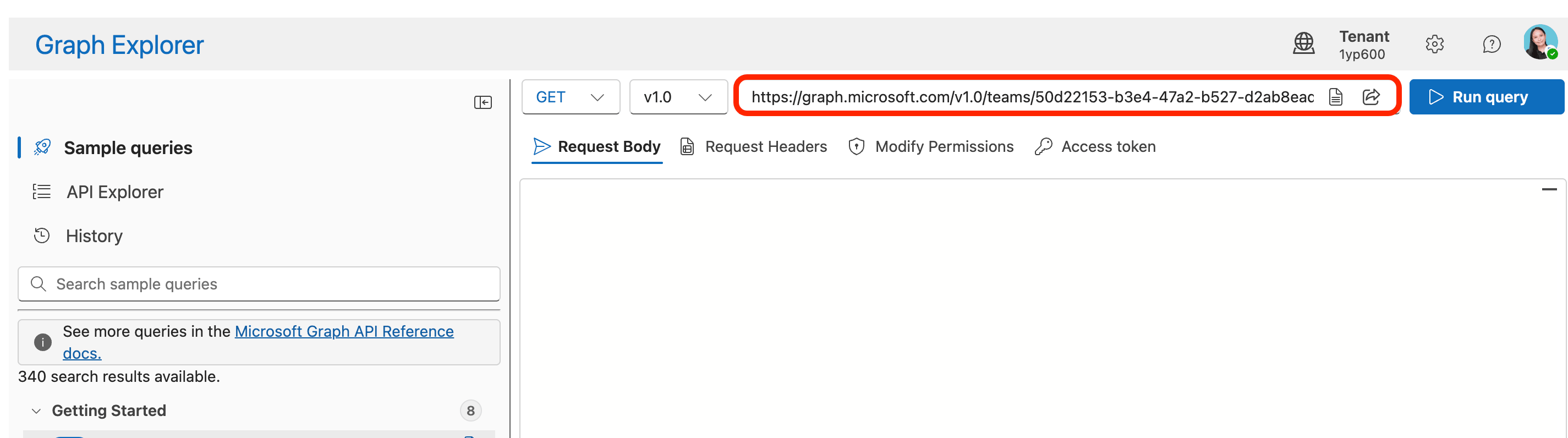 Pasting the modified channels endpoint query into the Graph Explorer address field