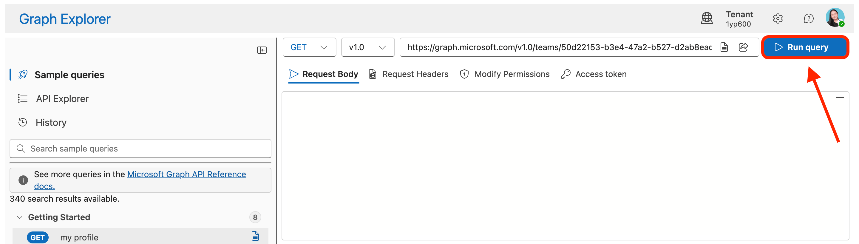 Executing the channel retrieval command using the Run Query button in Graph Explorer