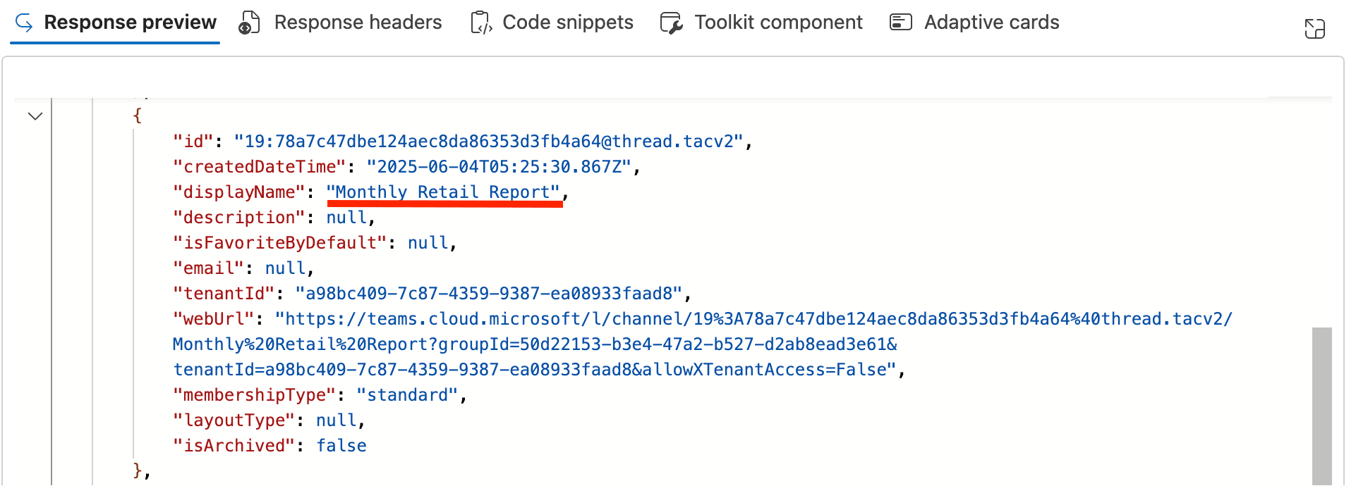 Finding the channel display name property inside the JSON query response preview