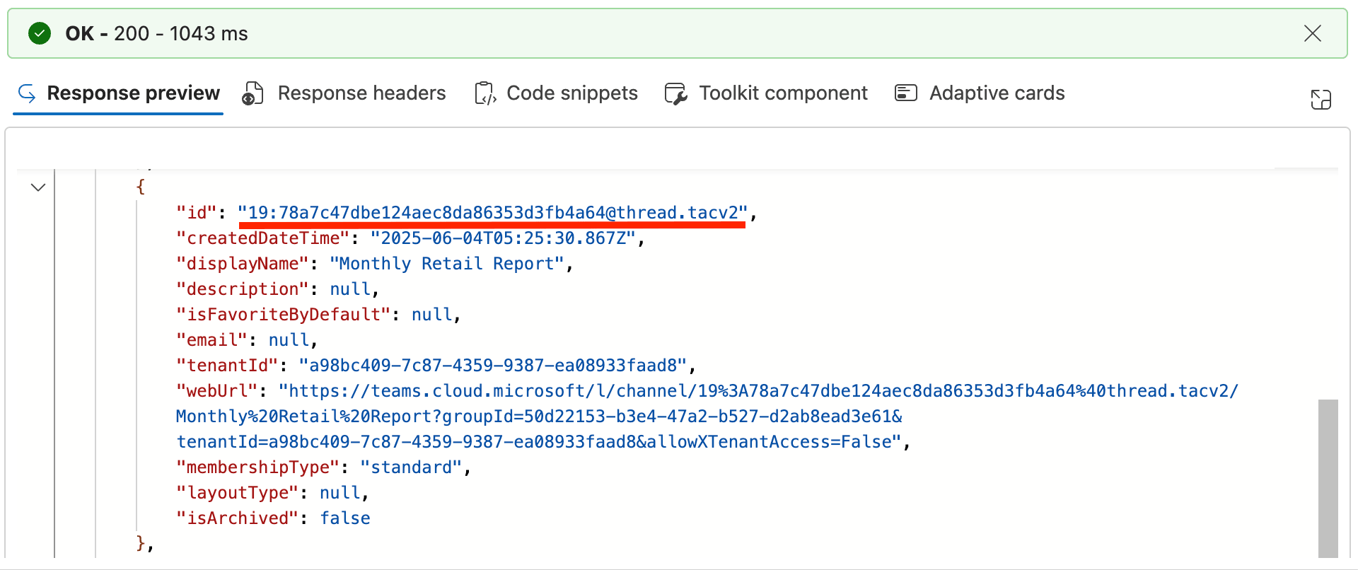 Copying the unique alphanumeric channel ID string from the Graph Explorer JSON response