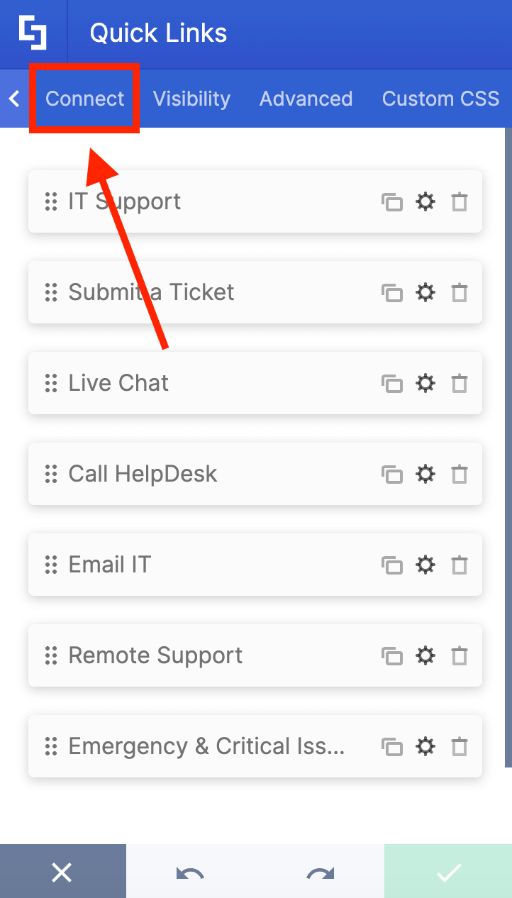 Navigating to the Connect tab within the ShortPoint Quick Links element settings