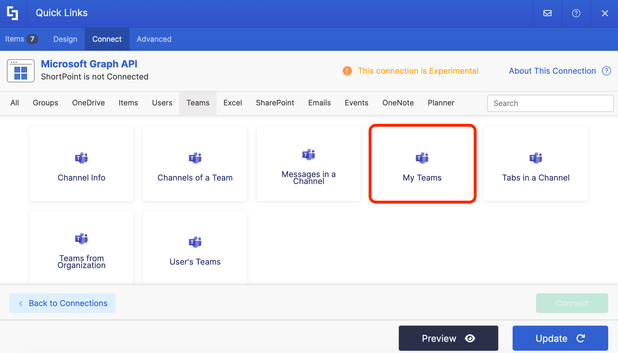Choosing the My Teams use case under the Microsoft Graph API configuration panel