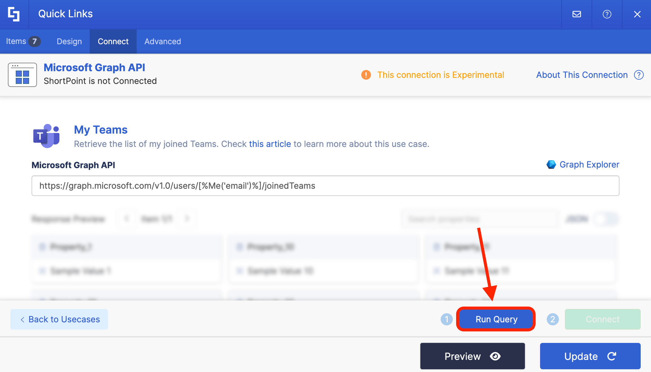 Clicking the Run Query button to pull joined teams data via Graph API