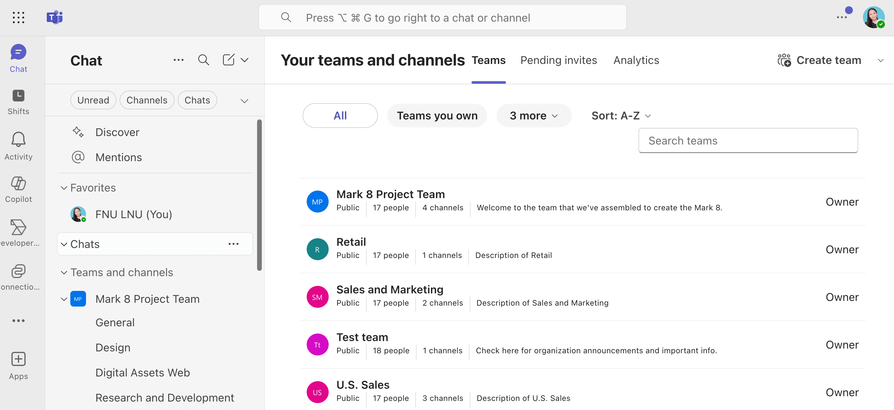 Viewing the main teams and channels dashboard within the Microsoft Teams interface