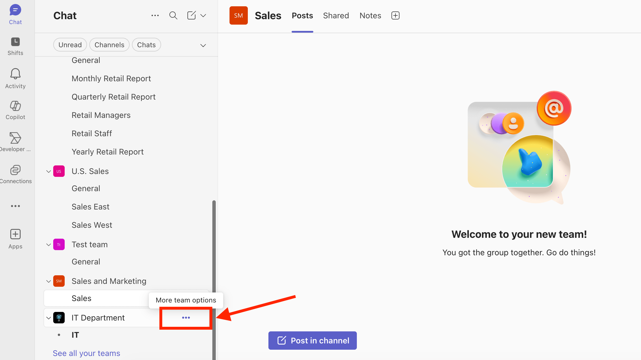 Clicking the ellipsis icon next to a team name to see more options