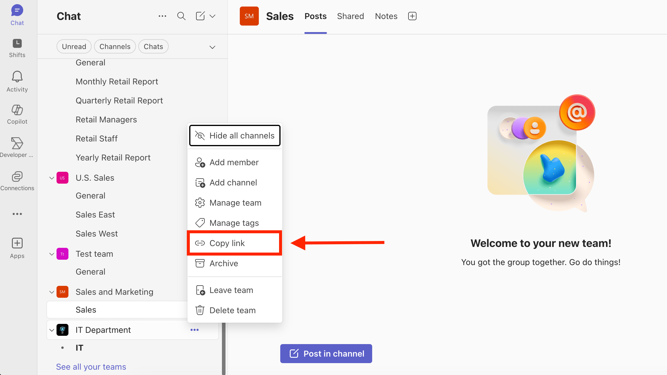 Selecting the Copy Link option from the team context menu in Microsoft Teams