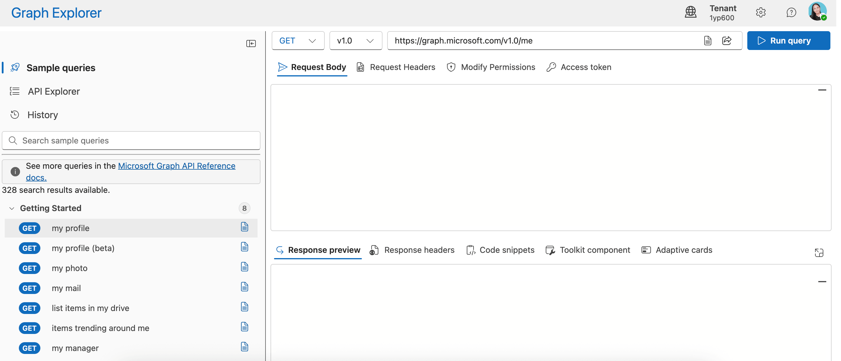 Opening the Microsoft Graph Explorer portal interface to prepare a data request