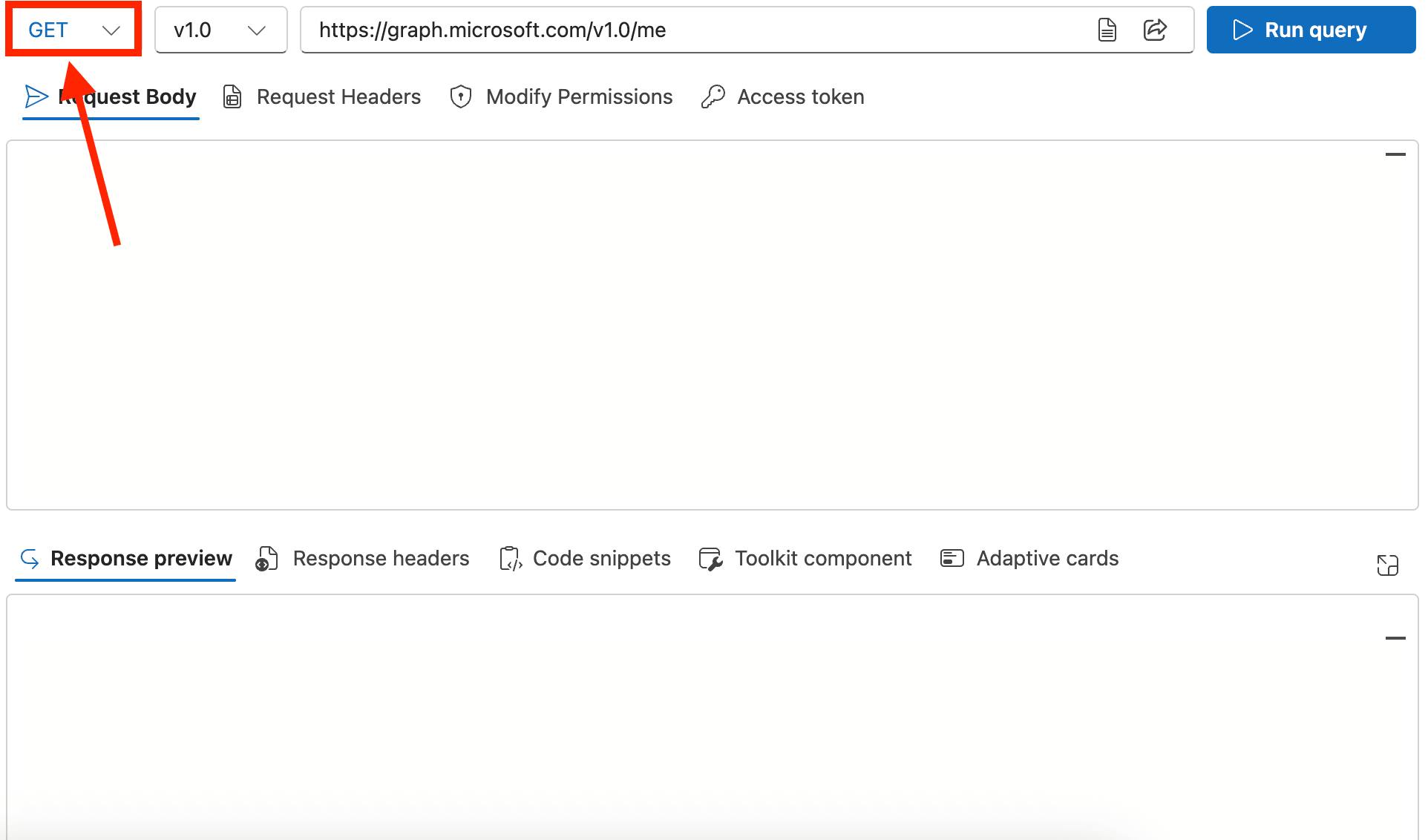 Confirming the HTTP request method dropdown is set to GET in Graph Explorer