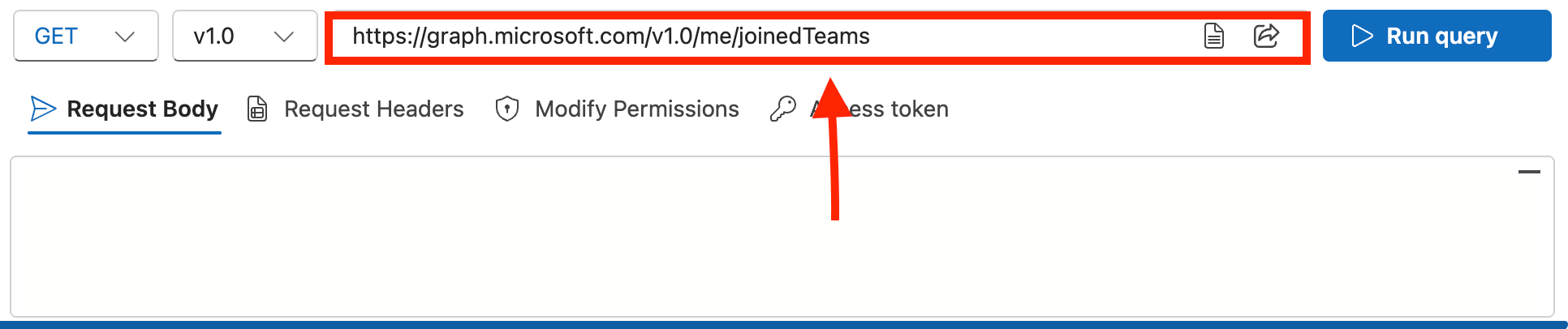 Pasting the joinedTeams endpoint URL into the request query field in Graph Explorer