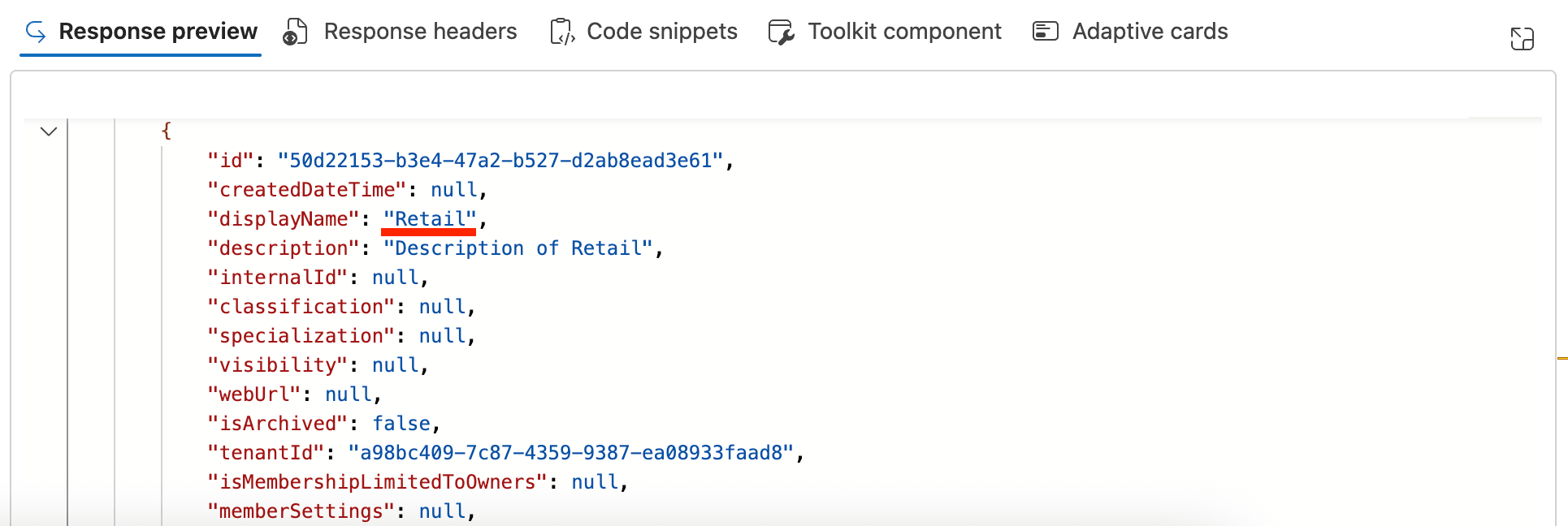 Identifying the team display name within the JSON payload in the Response preview