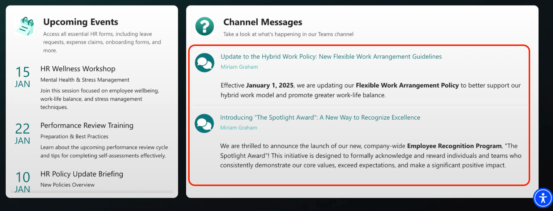 Showcasing live Microsoft Teams channel messages directly inside a customized SharePoint workspace component