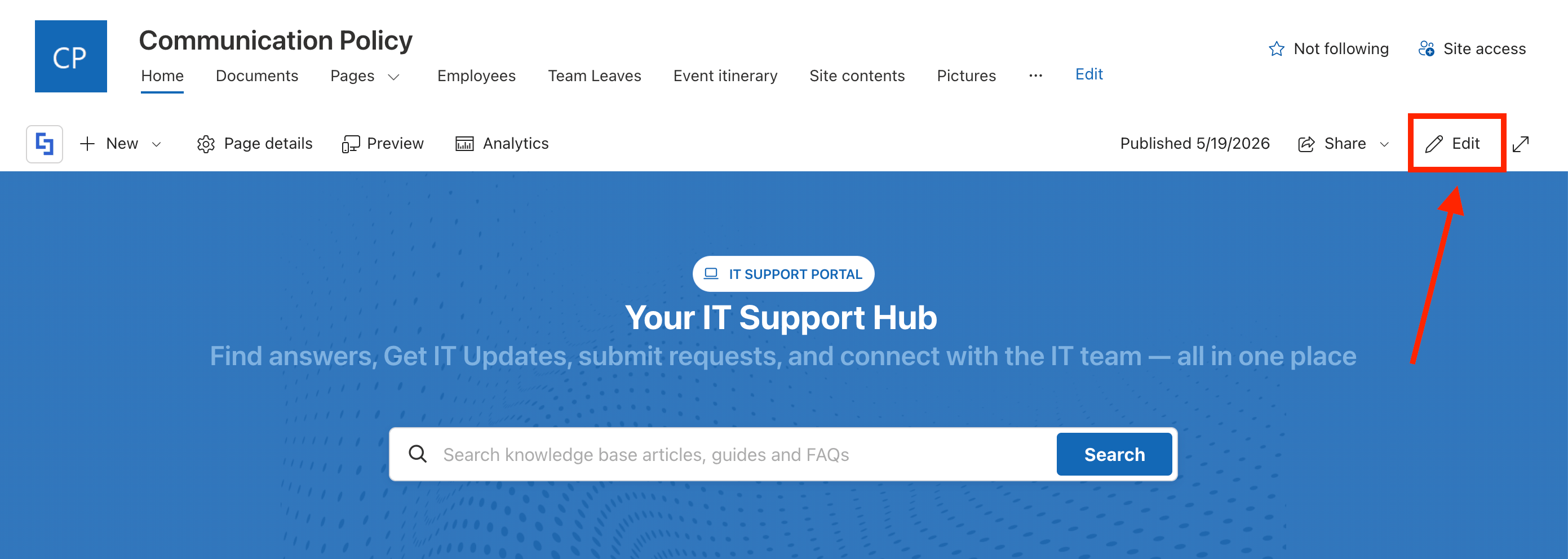Clicking the Edit button on a SharePoint page to begin configuration