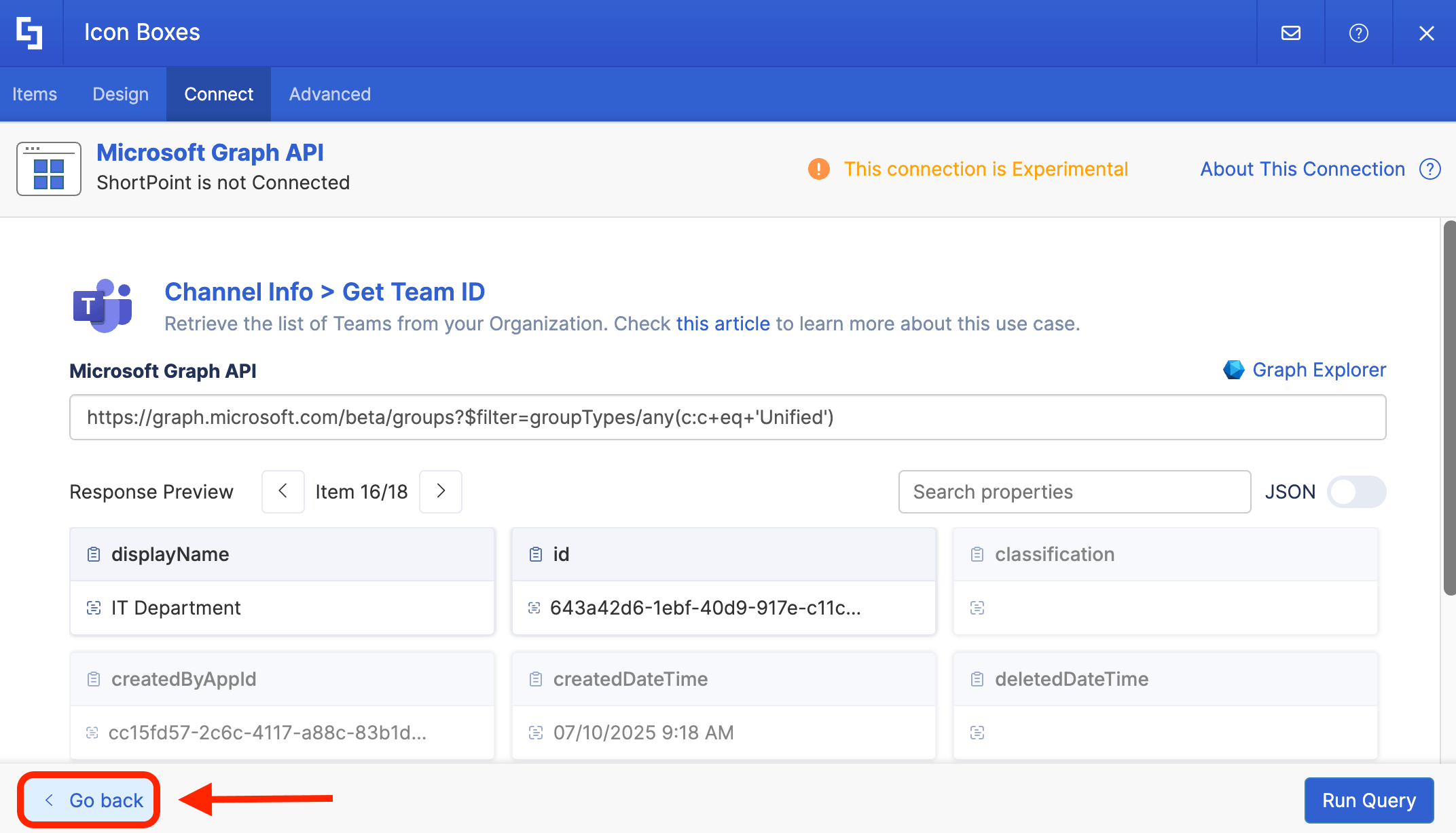 Clicking go back to paste the copied Team ID