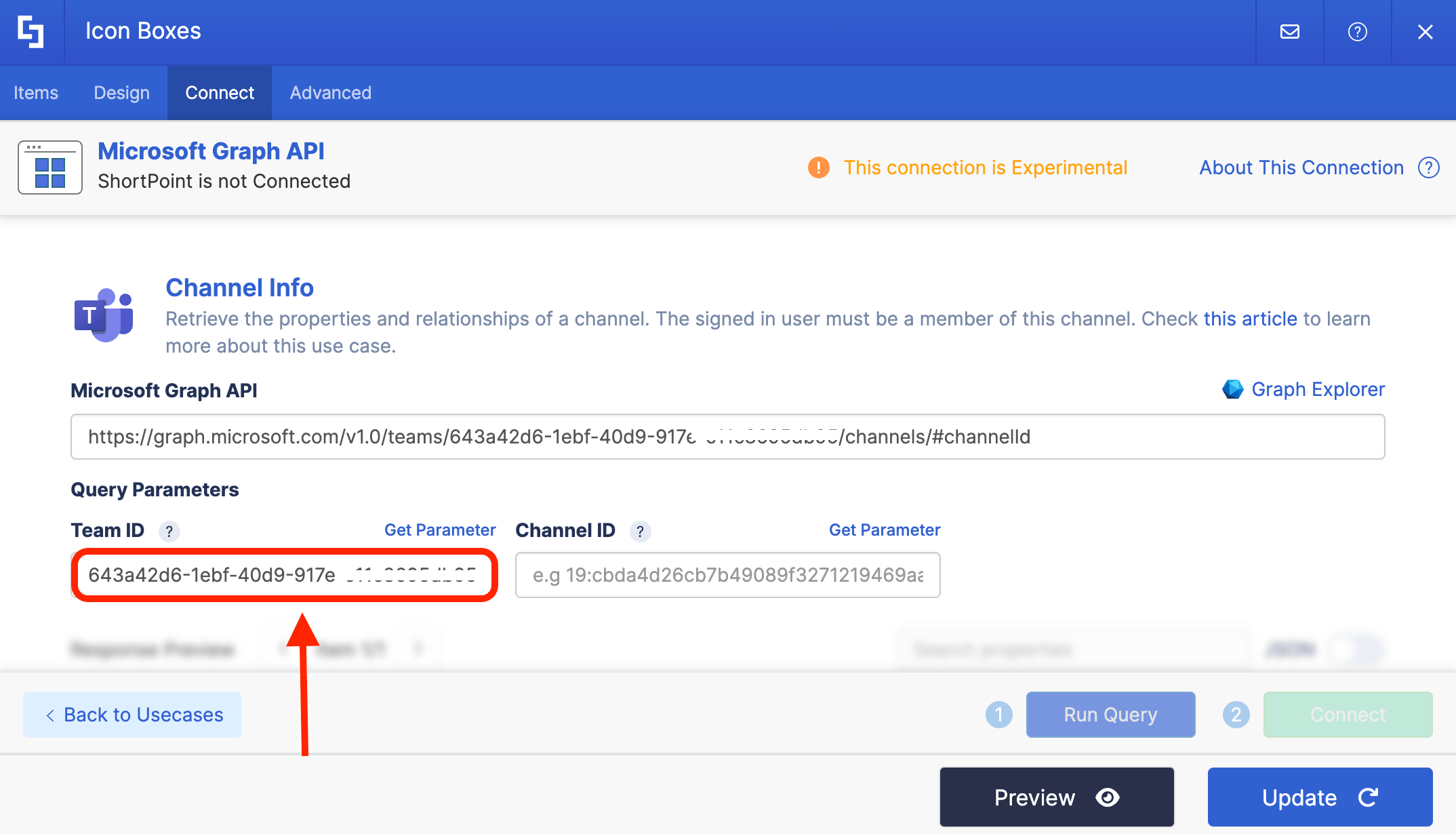 Pasting the copied alphanumeric Team ID directly into the query parameter field