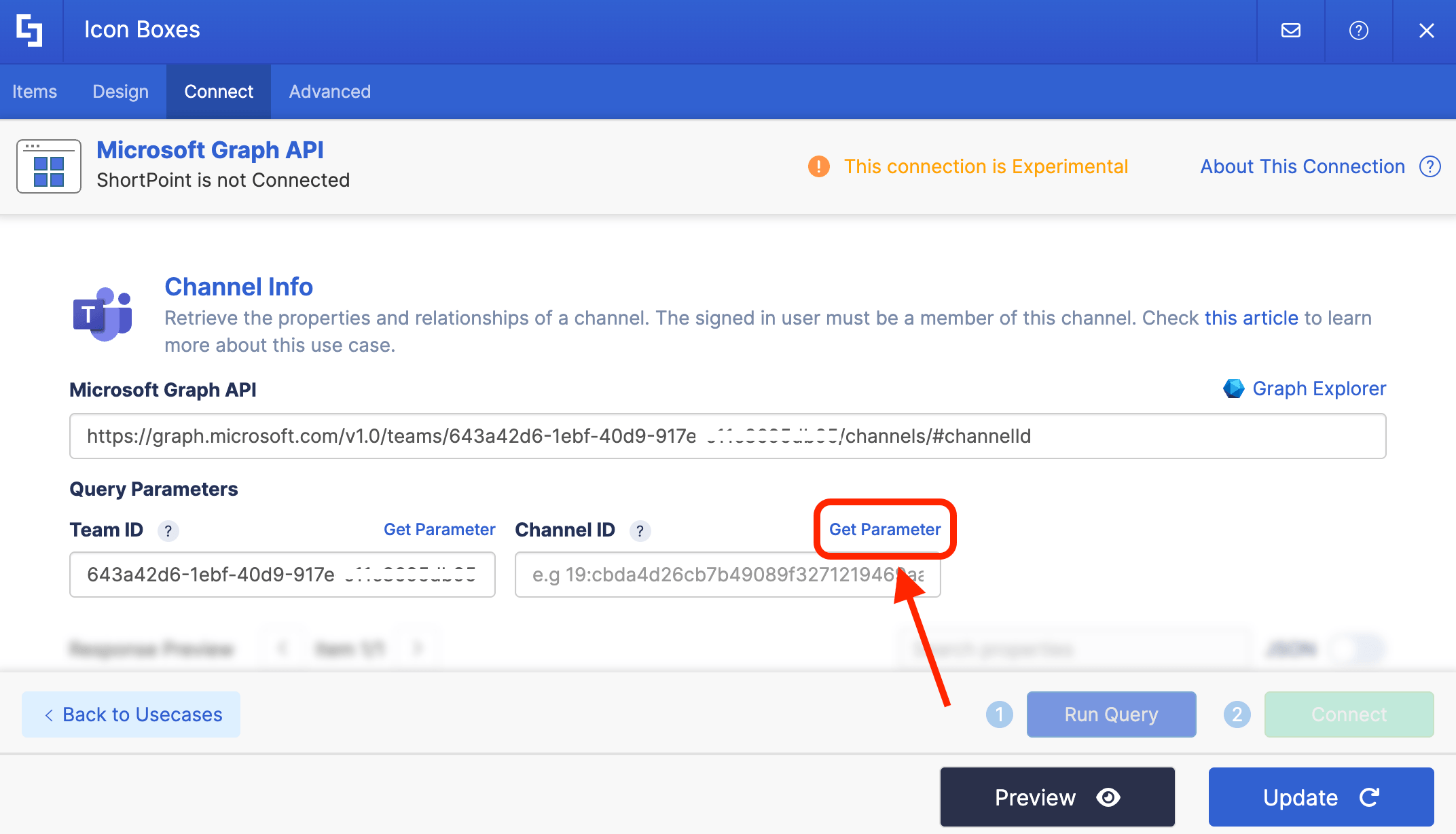 Clicking the Get Parameter link for Channel ID after providing a Team ID