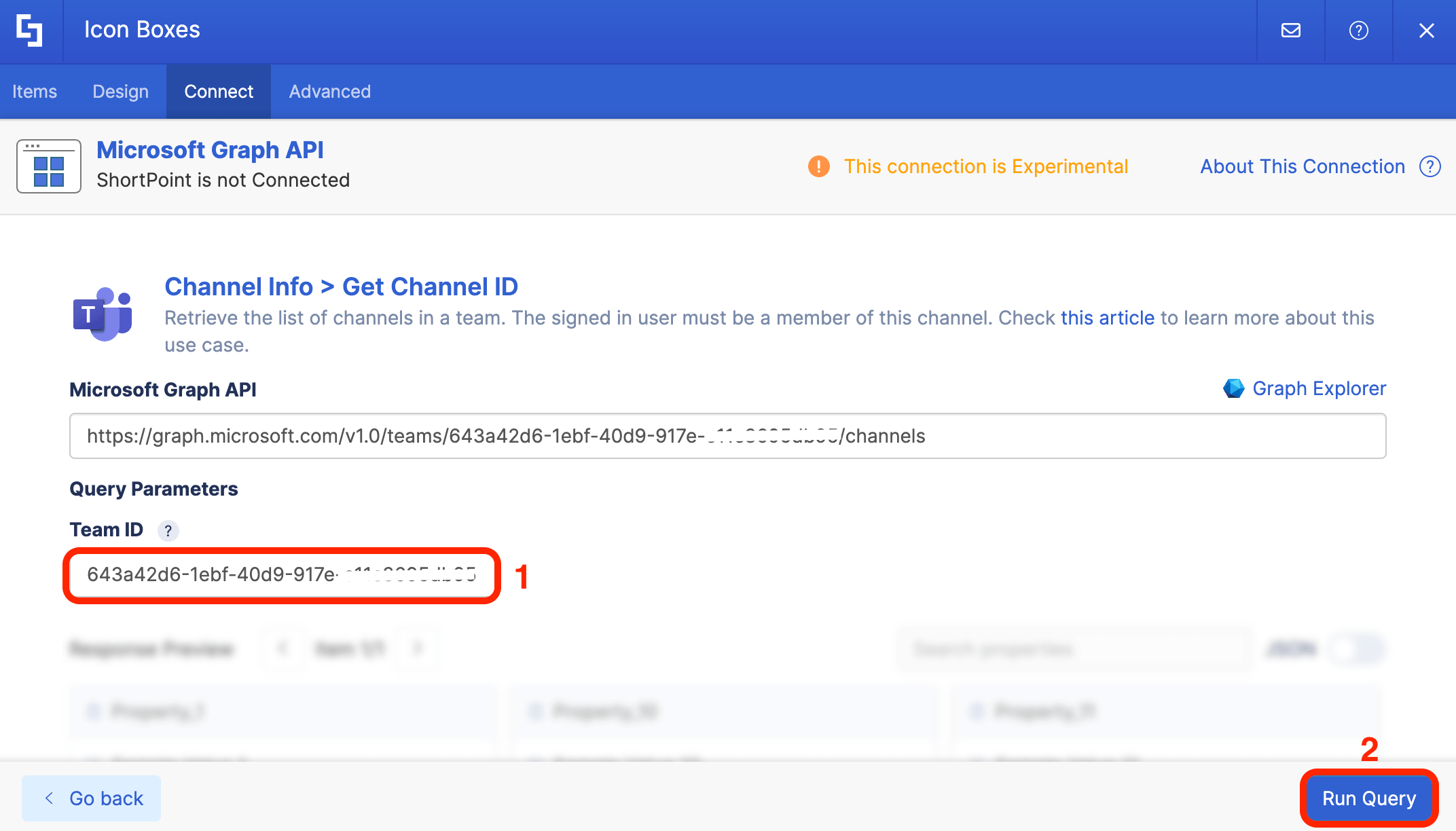 Submitting the pasted Team ID by clicking Run Query to search channels