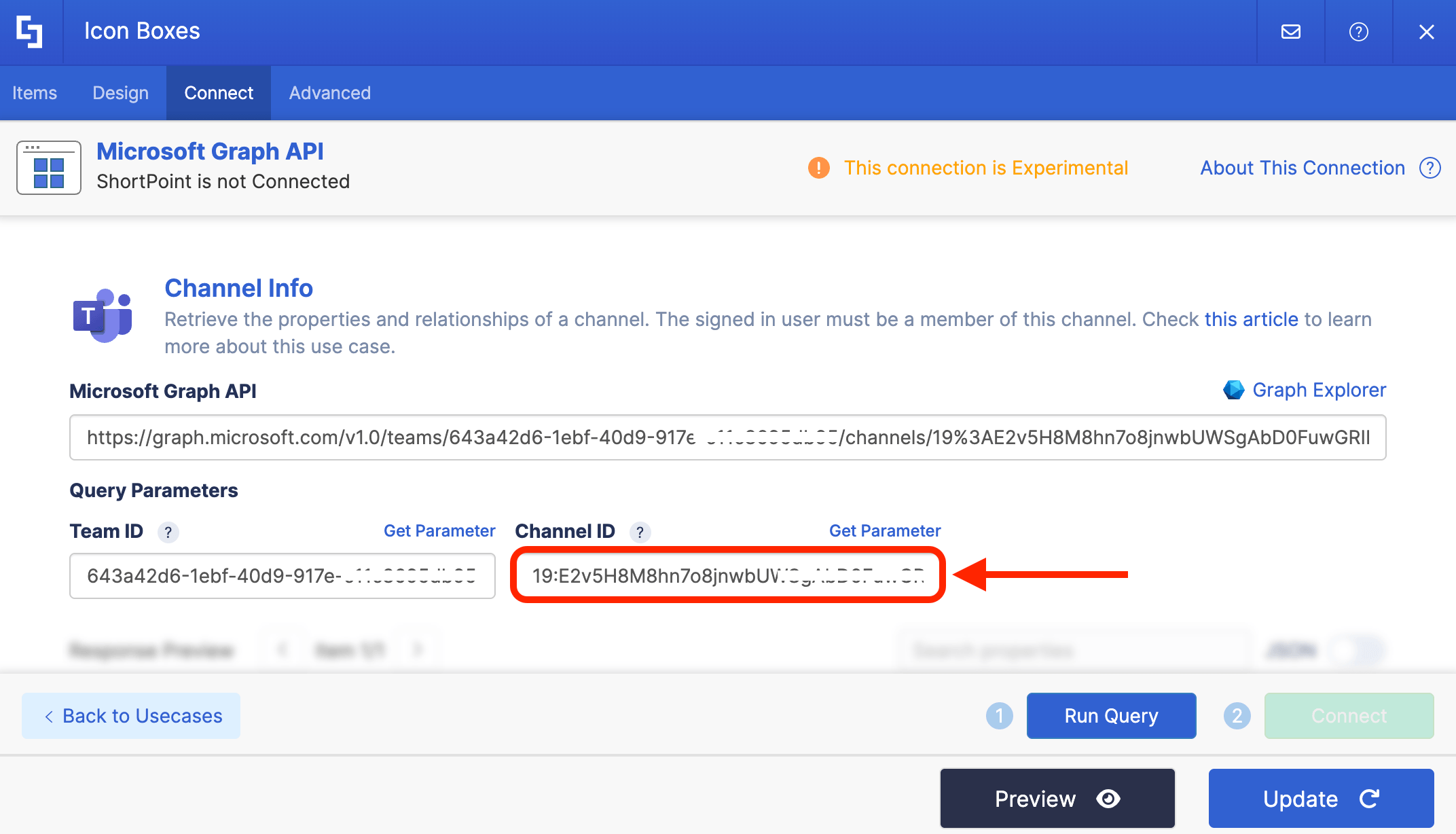 Pasting the specific channel ID string into the query input field