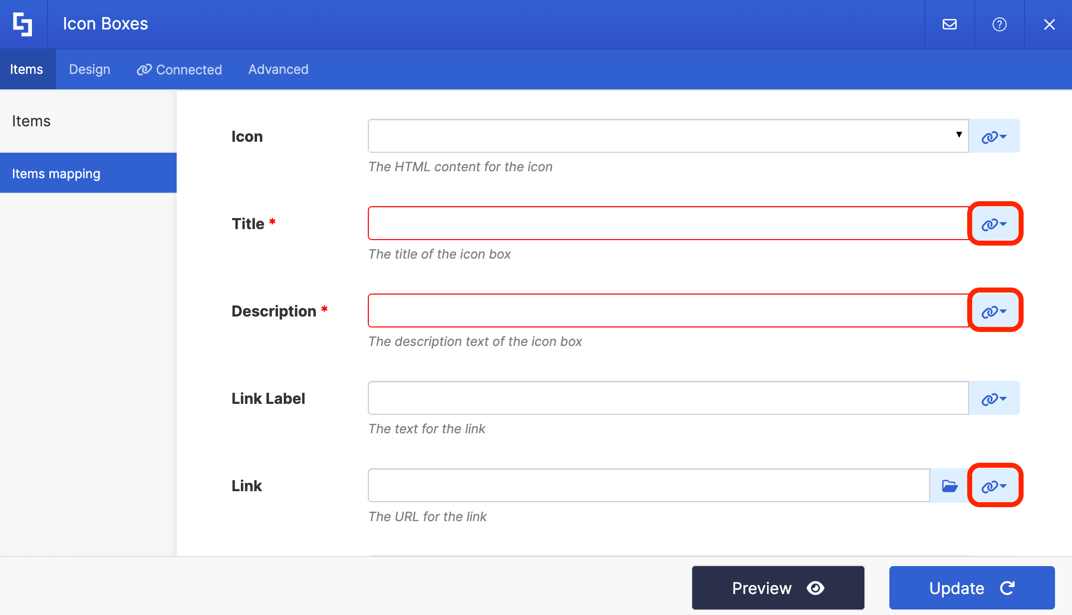 Using the link icon to map graph api properties