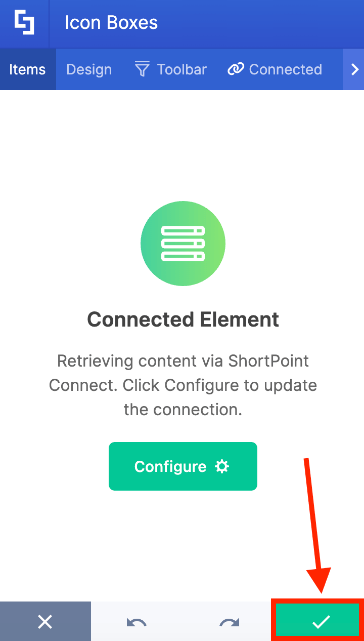 Clicking the green checkmark button to commit structural ShortPoint design shifts