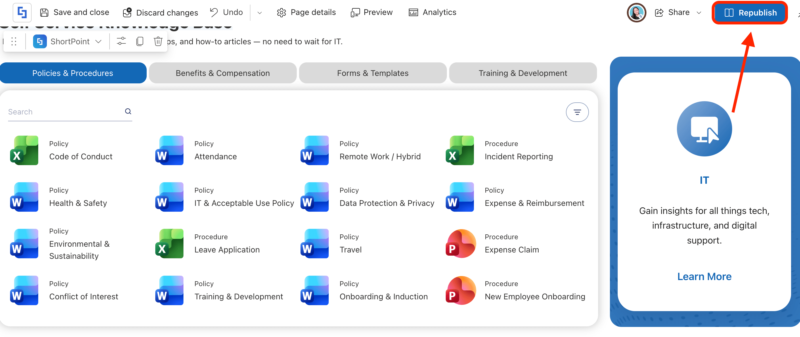 Publishing the completed SharePoint page setup featuring the live Teams channel data