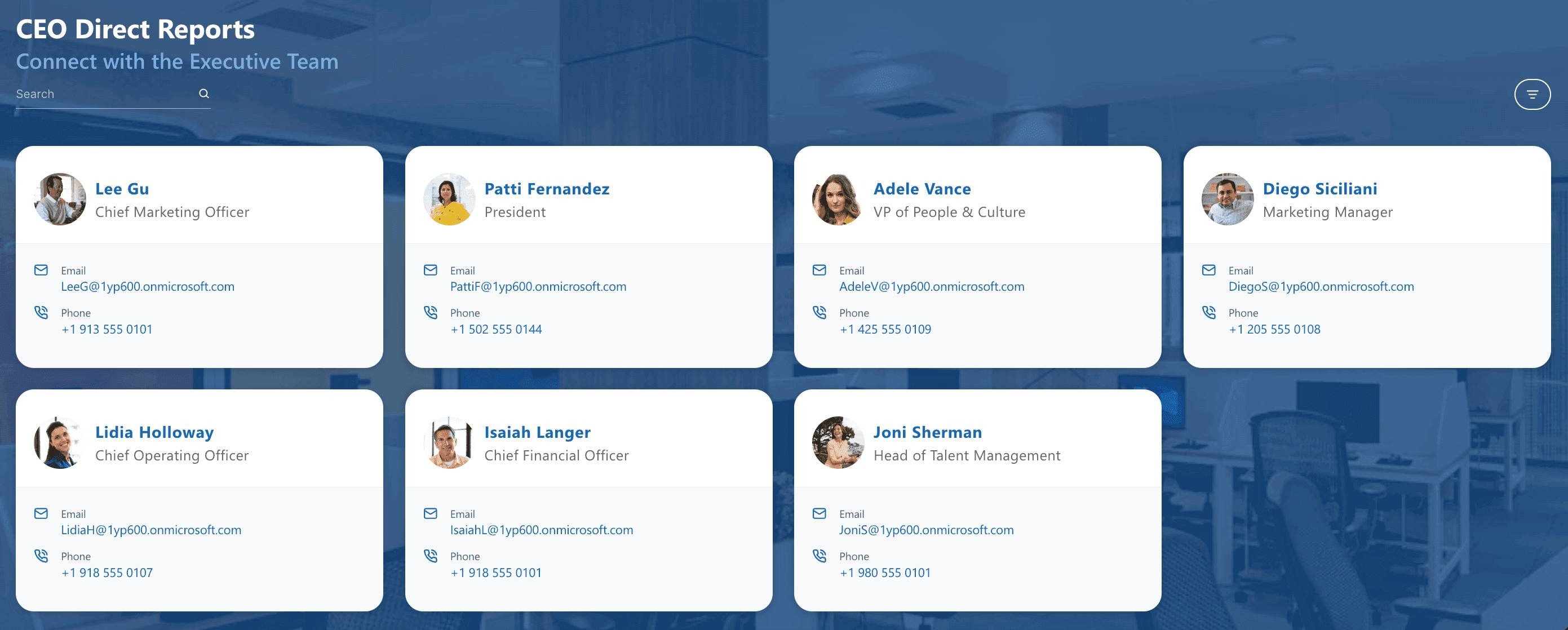 Finished personnel cards grid displaying employee contact details to list direct reports of a user
