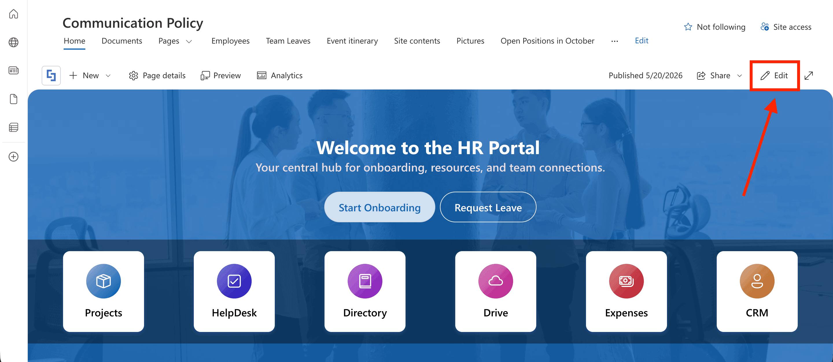 Clicking the edit button on a SharePoint page
