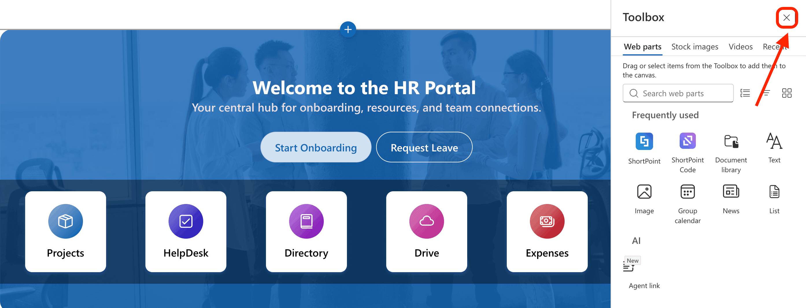 Closing the default SharePoint web parts toolbox panel before editing the page