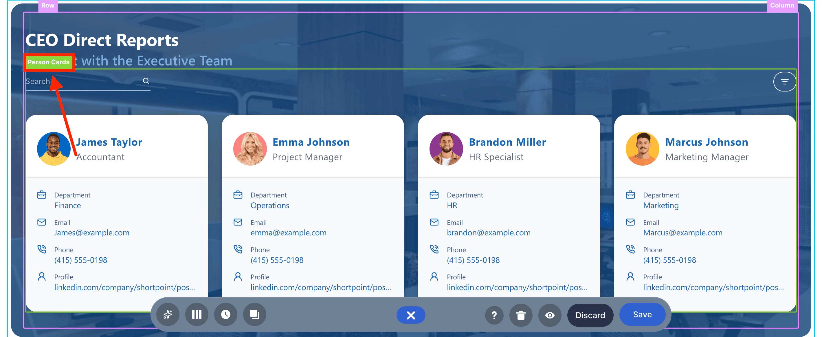 Selecting the green person cards EasyPass tag within the page builder layout
