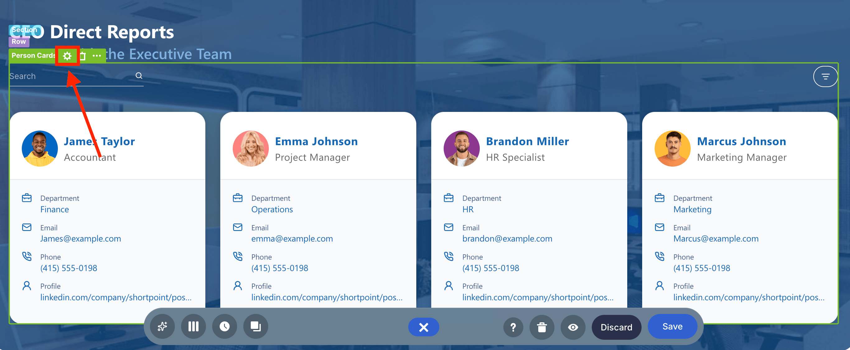 Clicking the cogwheel settings icon for person cards to list direct reports of a manager