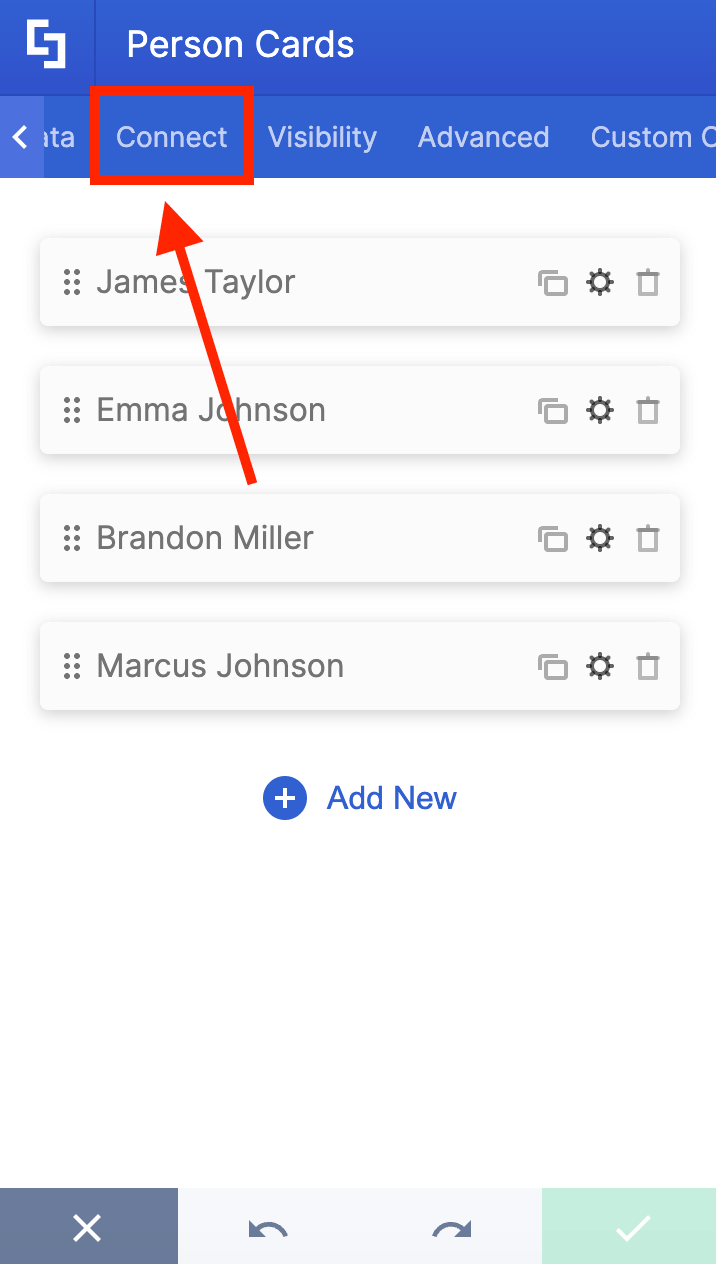 Opening the connect tab within the design element configuration window