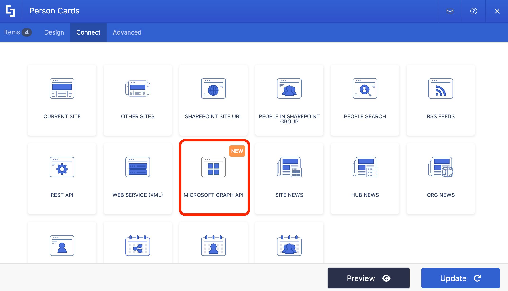 Choosing the Microsoft Graph API tile from the available connection data sources list