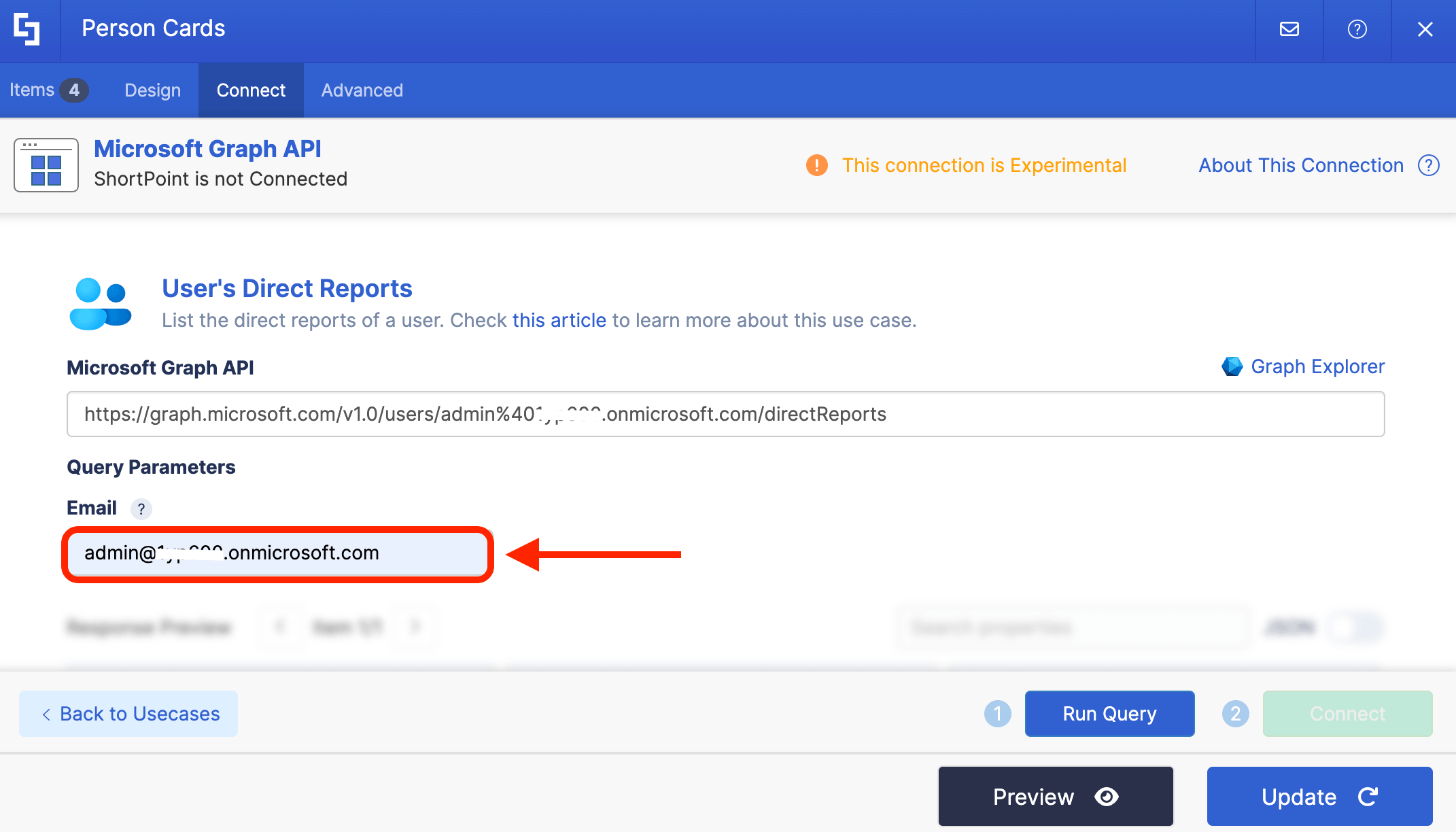 Inputting an employee's organizational email address into the query parameters field