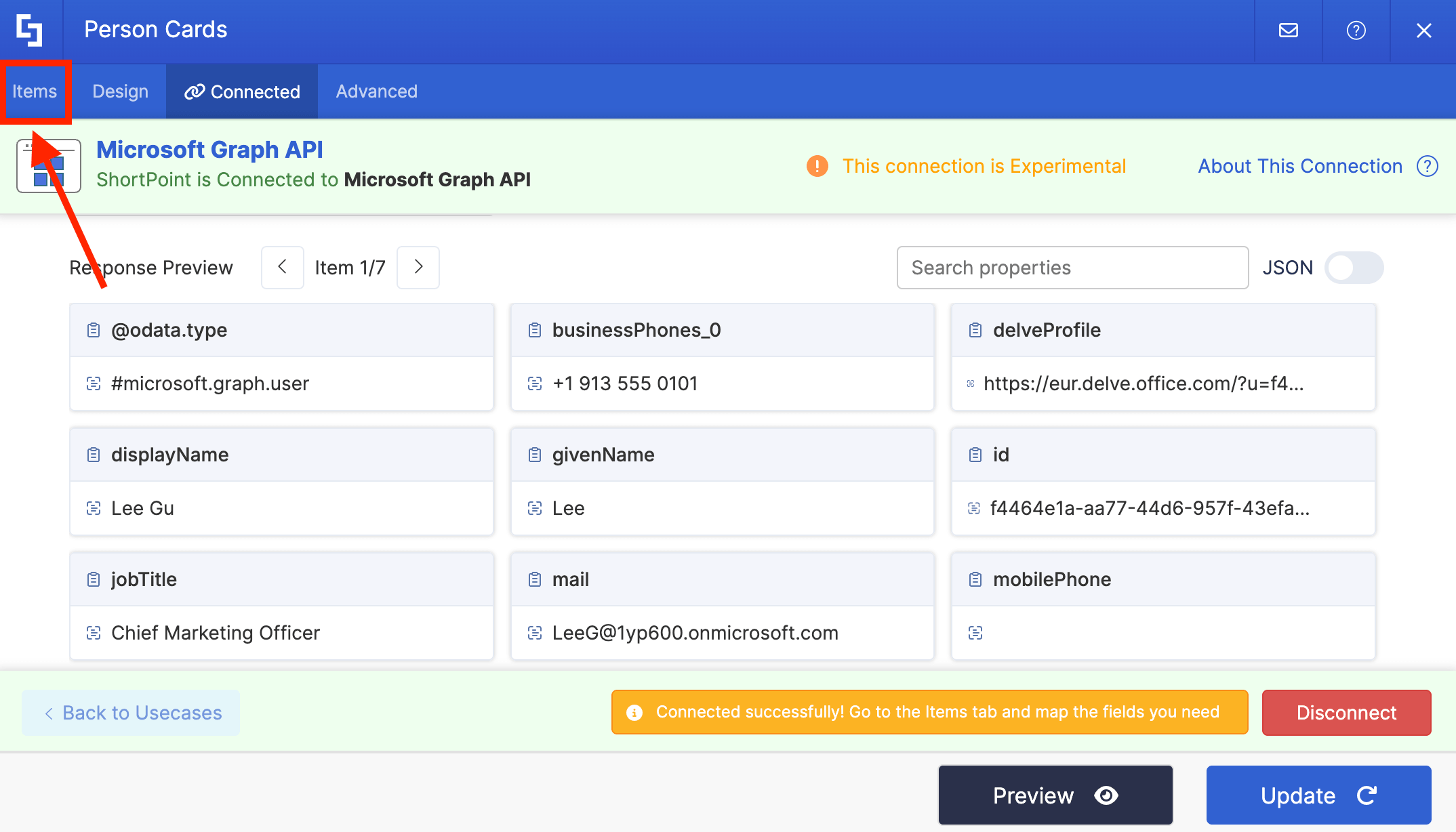 Switching to the items tab to prepare user profile fields for layout display