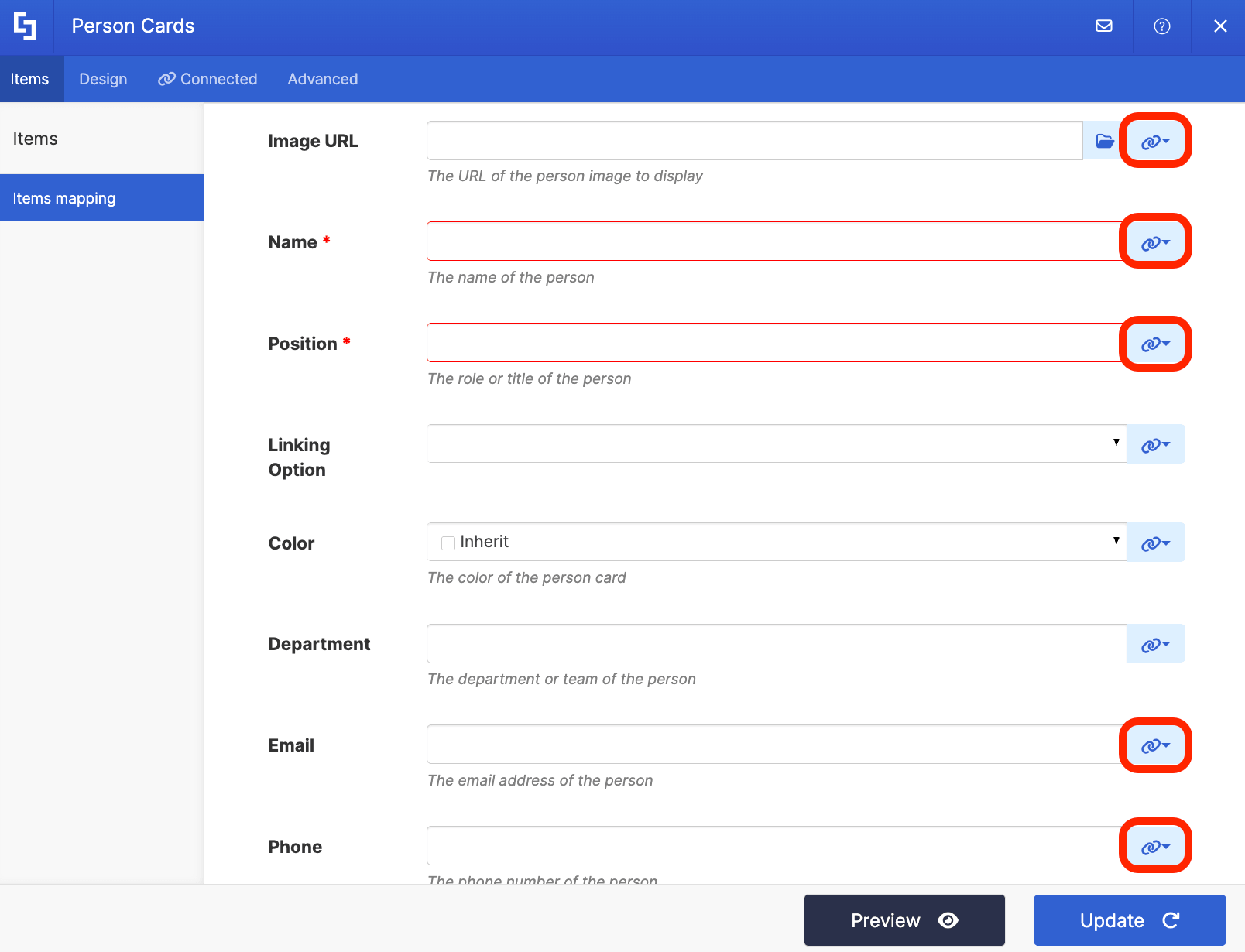 Deleting default content and using the link icons to map properties
