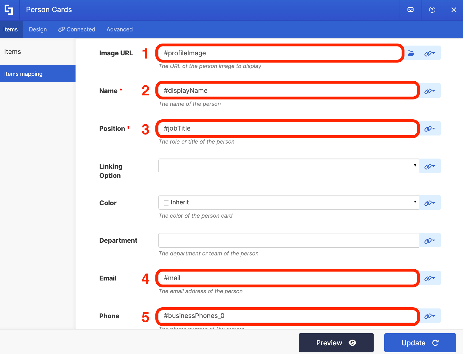 Final dynamic field parameters mapped to specific profile attributes to list direct reports cleanly